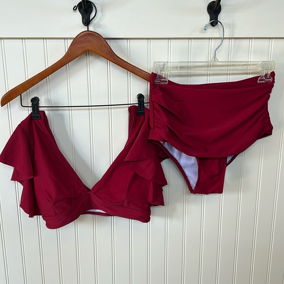 Sporlike Other - Swim suit two piece never worn color red high waisted bottoms ruffle top cute